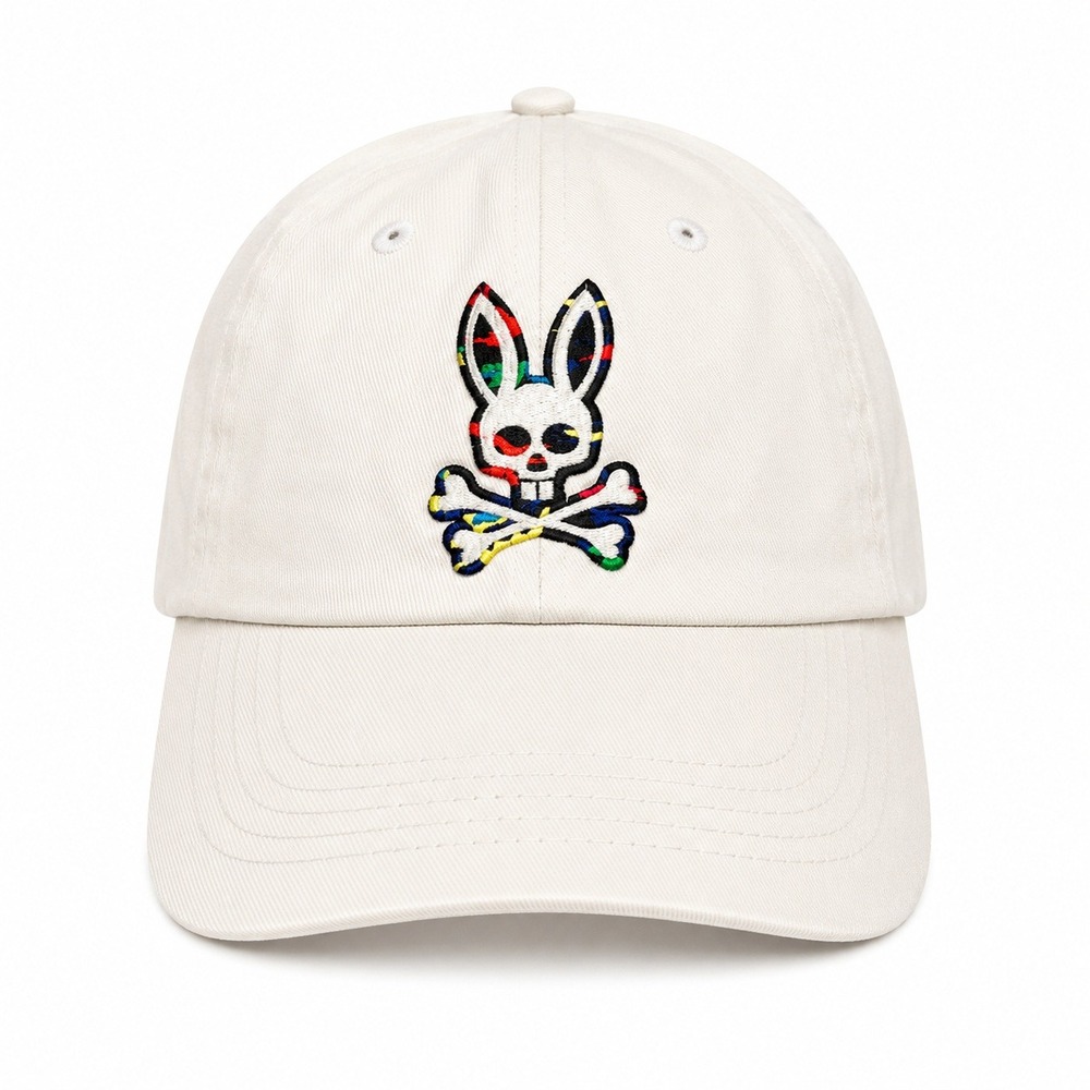 Psycho Bunny OS Baseball Cap White Multi Color Embroidered Logo Hat Strapback